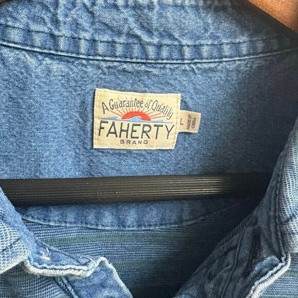 Faherty Sunwashed Indigo Dyed Green Sriped Pocket Polo - L - Picture 4 of 7